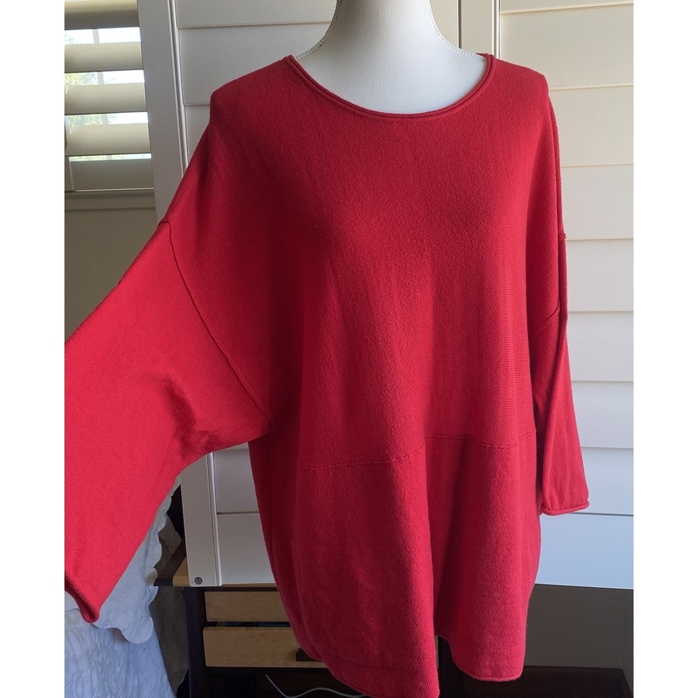 Pure J JILL S Cotton  Cashmere Red Tunic Kimono Sweater Top Pockets  Bell Sleeve